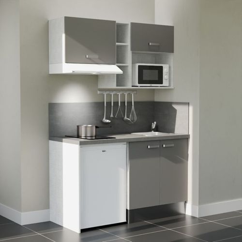 Kitchenette K13l-pt - 140 Cm-façade Gris-plan Gris Béton-evier Inox-crédences Oui+electro Blanc