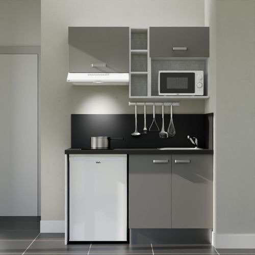 Kitchenette K13l-pt - 140 Cm-façade Gris-plan Noir Texturé-evier Inox-crédences Oui+electro Blanc