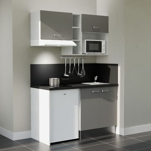 Kitchenette K13l-pt - 140 Cm-façade Gris-plan Noir Texturé-evier Inox-crédences Oui+electro Blanc