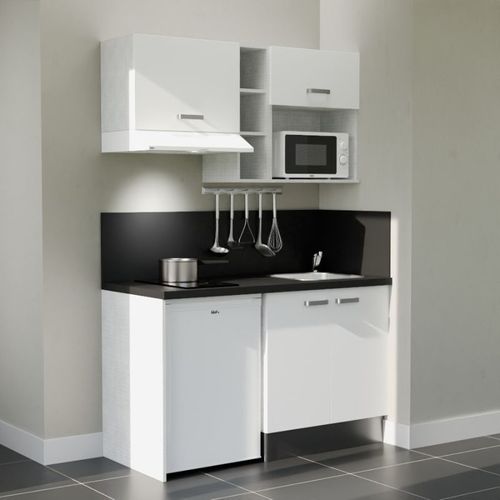 Kitchenette K13l-pt - 140 Cm-façade Blanc-plan Noir Texturé-evier Inox-crédences Oui+electro Blanc
