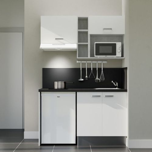 Kitchenette K13l-pt - 140 Cm-façade Blanc-plan Noir Texturé-evier Inox-crédences Oui+electro Blanc