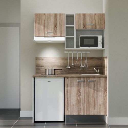 Kitchenette K13l-pt - 140 Cm-façade Bois-plan Bois-evier Inox-crédences Oui+electro Blanc
