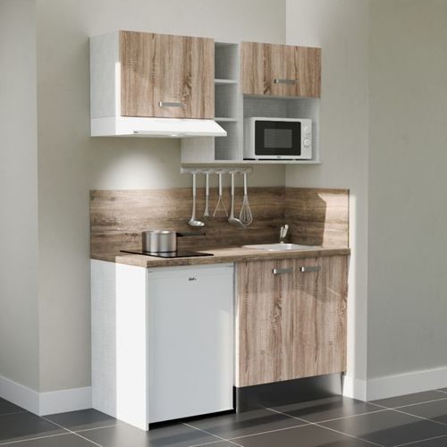 Kitchenette K13l-pt - 140 Cm-façade Bois-plan Bois-evier Inox-crédences Oui+electro Blanc