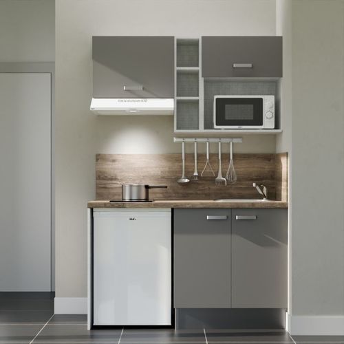 Kitchenette K13l-pt - 140 Cm-façade Gris-plan Bois-evier Inox-crédences Oui+electro Blanc
