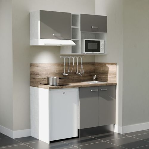 Kitchenette K13l-pt - 140 Cm-façade Gris-plan Bois-evier Inox-crédences Oui+electro Blanc