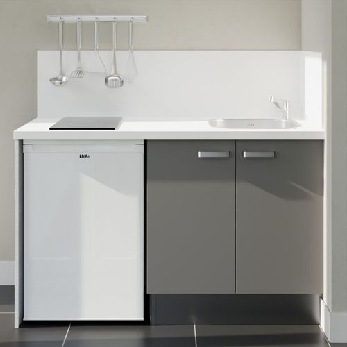 Kitchenette K17l-pt - 140 Cm-façade Gris-plan Blanc-evier Inox-crédences Oui+electro Blanc