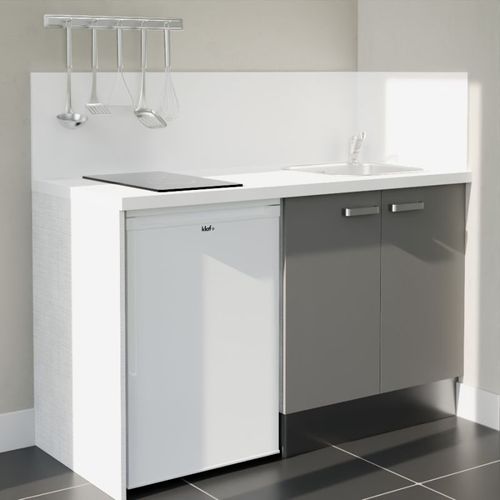 Kitchenette K17l-pt - 140 Cm-façade Gris-plan Blanc-evier Inox-crédences Oui+electro Blanc
