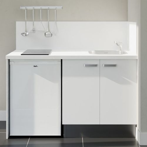Kitchenette K17l-pt - 140 Cm-façade Blanc-plan Blanc-evier Inox-crédences Oui+electro Blanc