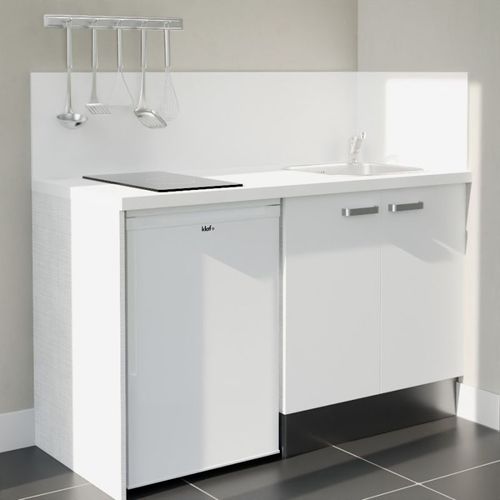 Kitchenette K17l-pt - 140 Cm-façade Blanc-plan Blanc-evier Inox-crédences Oui+electro Blanc