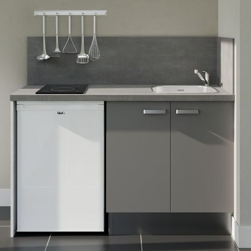Kitchenette K17l-pt - 140 Cm-façade Gris-plan Gris Béton-evier Inox-crédences Oui+electro Blanc