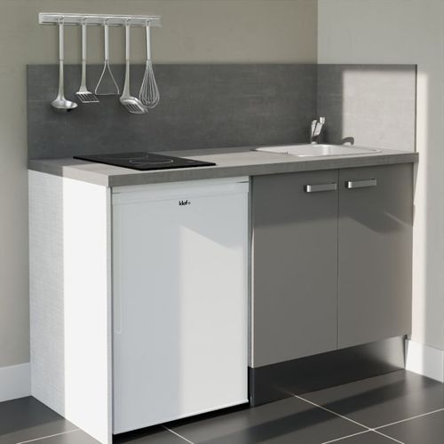 Kitchenette K17l-pt - 140 Cm-façade Gris-plan Gris Béton-evier Inox-crédences Oui+electro Blanc