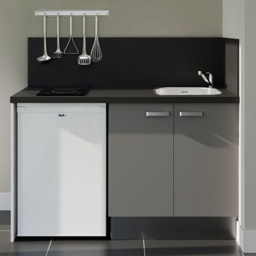 Kitchenette K17l-pt - 140 Cm-façade Gris-plan Noir Texturé-evier Inox-crédences Oui+electro Blanc