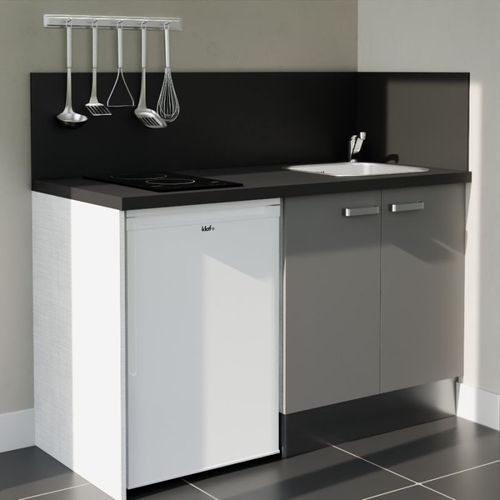 Kitchenette K17l-pt - 140 Cm-façade Gris-plan Noir Texturé-evier Inox-crédences Oui+electro Blanc