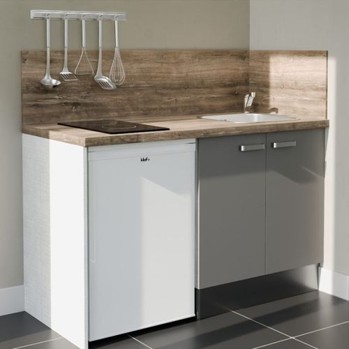 Kitchenette K17l-pt - 140 Cm-façade Gris-plan Bois-evier Inox-crédences Oui+electro Blanc
