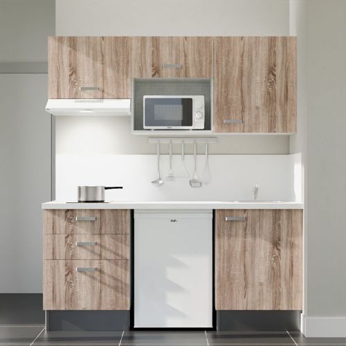 Kitchenette K20l-pt - 180 Cm-façade Bois-plan Blanc-evier Inox-crédences Oui+electro Blanc