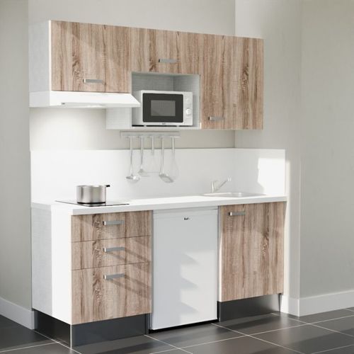 Kitchenette K20l-pt - 180 Cm-façade Bois-plan Blanc-evier Inox-crédences Oui+electro Blanc