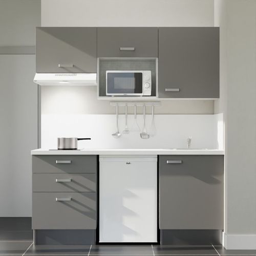 Kitchenette K20l-pt - 180 Cm-façade Gris-plan Blanc-evier Inox-crédences Oui+electro Blanc