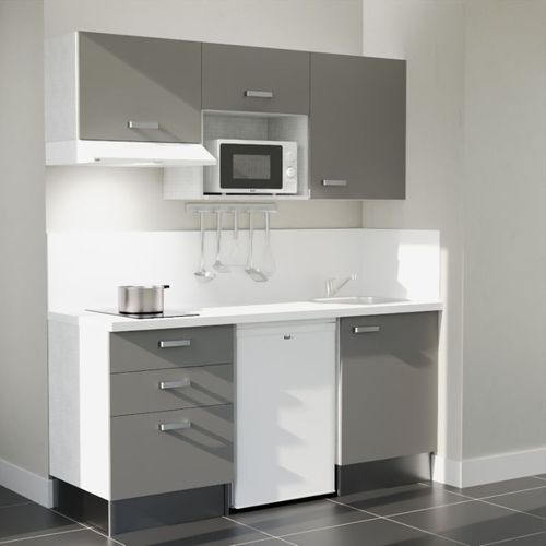 Kitchenette K20l-pt - 180 Cm-façade Gris-plan Blanc-evier Inox-crédences Oui+electro Blanc