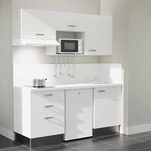 Kitchenette K20l-pt - 180 Cm-façade Blanc-plan Blanc-evier Inox-crédences Oui+electro Blanc