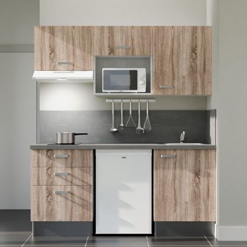 Kitchenette K20l-pt - 180 Cm-façade Bois-plan Gris Béton-evier Inox-crédences Oui+electro Blanc
