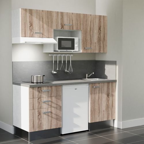 Kitchenette K20l-pt - 180 Cm-façade Bois-plan Gris Béton-evier Inox-crédences Oui+electro Blanc