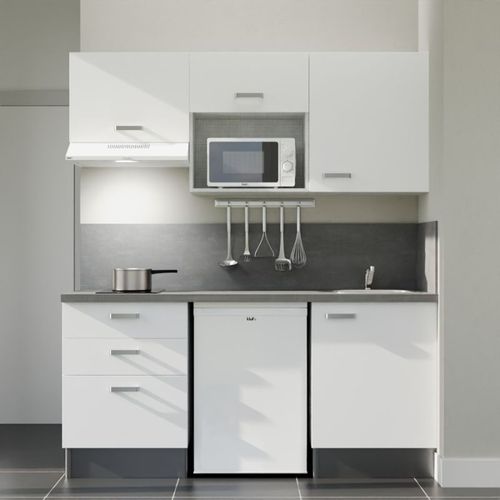 Kitchenette K20l-pt - 180 Cm-façade Blanc-plan Gris Béton-evier Inox-crédences Oui+electro Blanc