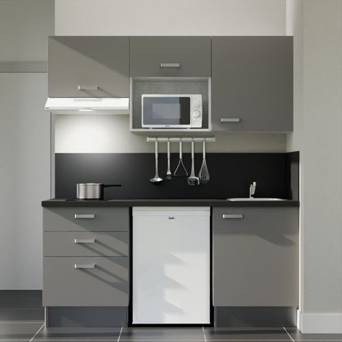 Kitchenette K20l-pt - 180 Cm-façade Gris-plan Noir Texturé-evier Inox-crédences Oui+electro Blanc