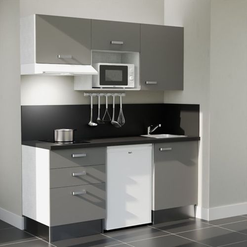 Kitchenette K20l-pt - 180 Cm-façade Gris-plan Noir Texturé-evier Inox-crédences Oui+electro Blanc