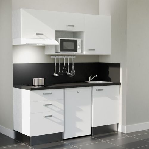 Kitchenette K20l-pt - 180 Cm-façade Blanc-plan Noir Texturé-evier Inox-crédences Oui+electro Blanc