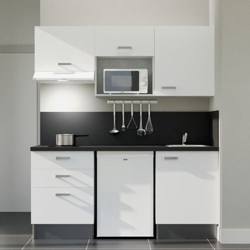 Kitchenette K20l-pt - 180 Cm-façade Blanc-plan Noir Texturé-evier Inox-crédences Oui+electro Blanc