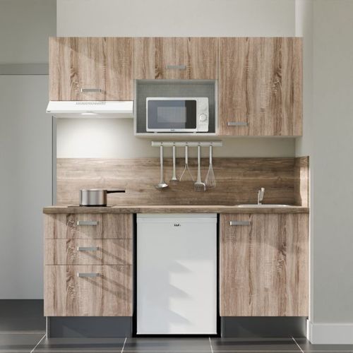 Kitchenette K20l-pt - 180 Cm-façade Bois-plan Bois-evier Inox-crédences Oui+electro Blanc