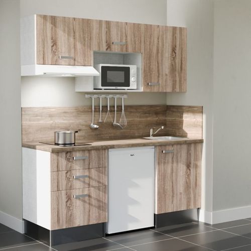 Kitchenette K20l-pt - 180 Cm-façade Bois-plan Bois-evier Inox-crédences Oui+electro Blanc