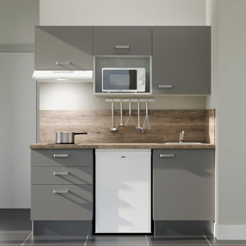 Kitchenette K20l-pt - 180 Cm-façade Gris-plan Bois-evier Inox-crédences Oui+electro Blanc
