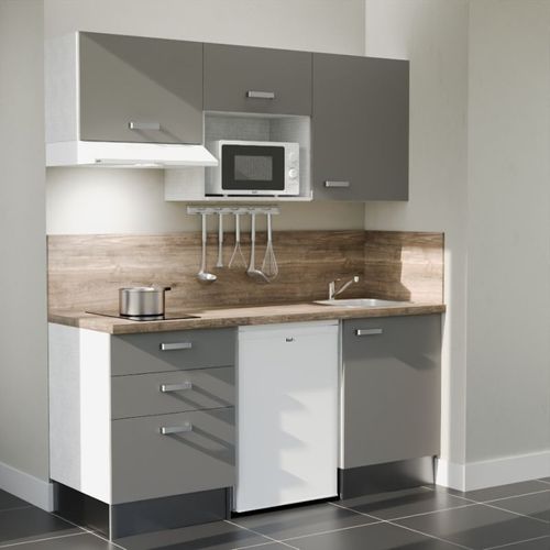 Kitchenette K20l-pt - 180 Cm-façade Gris-plan Bois-evier Inox-crédences Oui+electro Blanc
