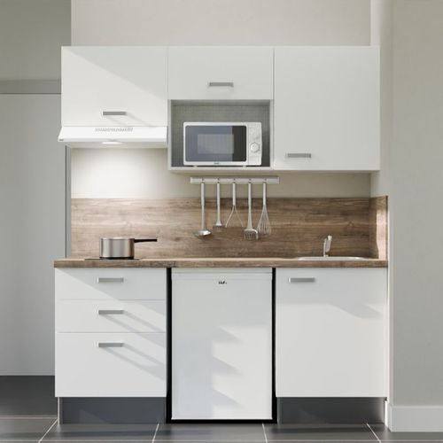 Kitchenette K20l-pt - 180 Cm-façade Blanc-plan Bois-evier Inox-crédences Oui+electro Blanc