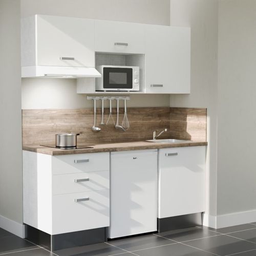Kitchenette K20l-pt - 180 Cm-façade Blanc-plan Bois-evier Inox-crédences Oui+electro Blanc