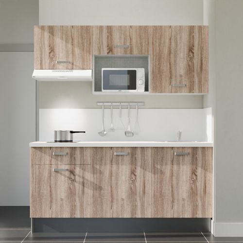 Kitchenette K30l-pt - 180 Cm-façade Bois-plan Blanc-evier Inox-crédences Oui+electro Blanc