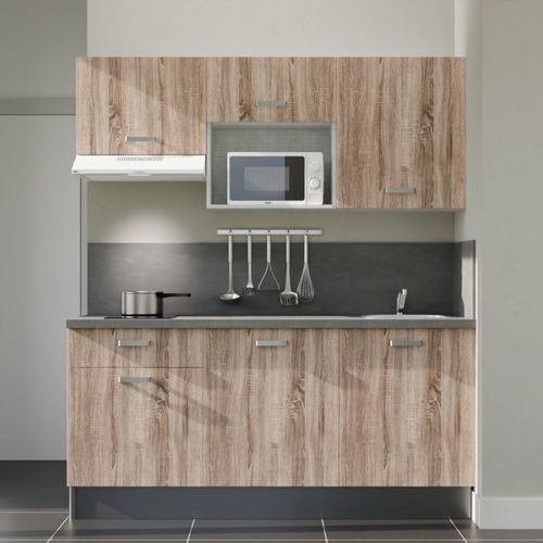 Kitchenette K30l-pt - 180 Cm-façade Bois-plan Gris Béton-evier Inox-crédences Oui+electro Blanc