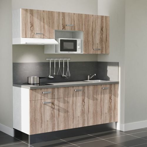 Kitchenette K30l-pt - 180 Cm-façade Bois-plan Gris Béton-evier Inox-crédences Oui+electro Blanc