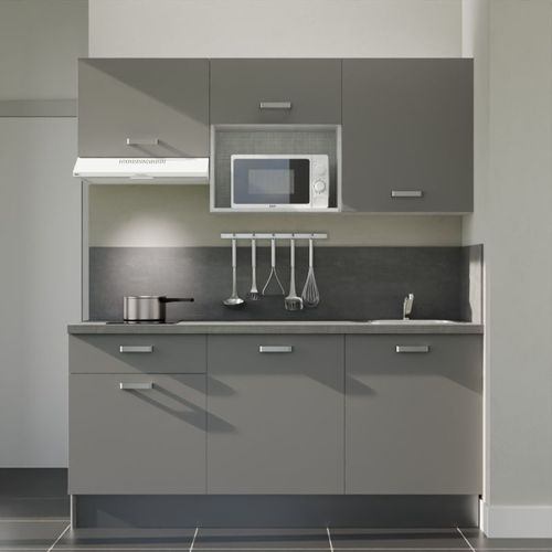 Kitchenette K30l-pt - 180 Cm-façade Gris-plan Gris Béton-evier Inox-crédences Oui+electro Blanc