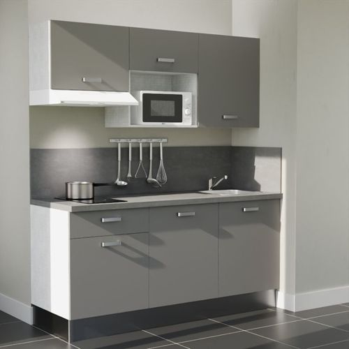 Kitchenette K30l-pt - 180 Cm-façade Gris-plan Gris Béton-evier Inox-crédences Oui+electro Blanc