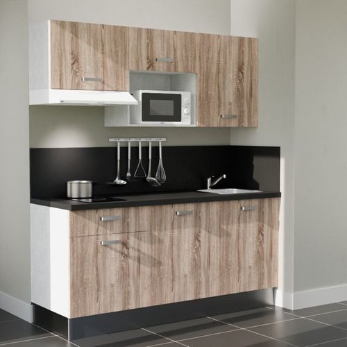 Kitchenette K30l-pt - 180 Cm-façade Bois-plan Noir Texturé-evier Inox-crédences Oui+electro Blanc