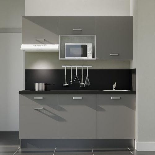 Kitchenette K30l-pt - 180 Cm-façade Gris-plan Noir Texturé-evier Inox-crédences Oui+electro Blanc