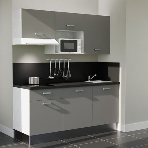 Kitchenette K30l-pt - 180 Cm-façade Gris-plan Noir Texturé-evier Inox-crédences Oui+electro Blanc