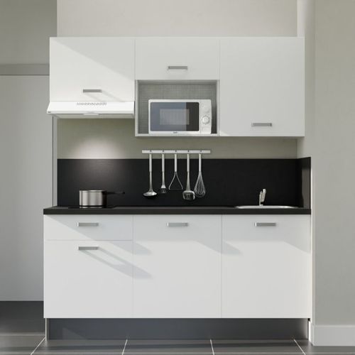 Kitchenette K30l-pt - 180 Cm-façade Blanc-plan Noir Texturé-evier Inox-crédences Oui+electro Blanc