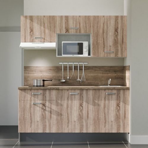 Kitchenette K30l-pt - 180 Cm-façade Bois-plan Bois-evier Inox-crédences Oui+electro Blanc
