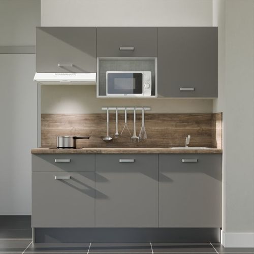 Kitchenette K30l-pt - 180 Cm-façade Gris-plan Bois-evier Inox-crédences Oui+electro Blanc