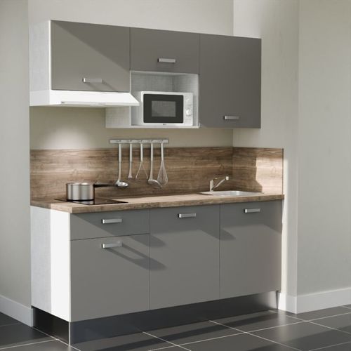 Kitchenette K30l-pt - 180 Cm-façade Gris-plan Bois-evier Inox-crédences Oui+electro Blanc