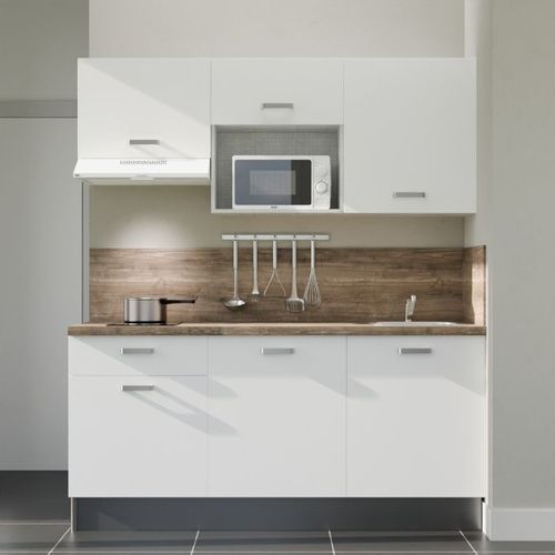 Kitchenette K30l-pt - 180 Cm-façade Blanc-plan Bois-evier Inox-crédences Oui+electro Blanc