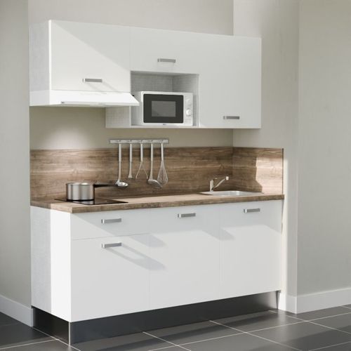 Kitchenette K30l-pt - 180 Cm-façade Blanc-plan Bois-evier Inox-crédences Oui+electro Blanc